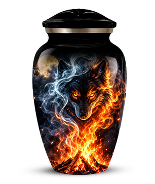 Personalized Adult Cremation Urn for Ashes, Fiery Wolf Memorial Urn, Black Wolf Cremation Urn
