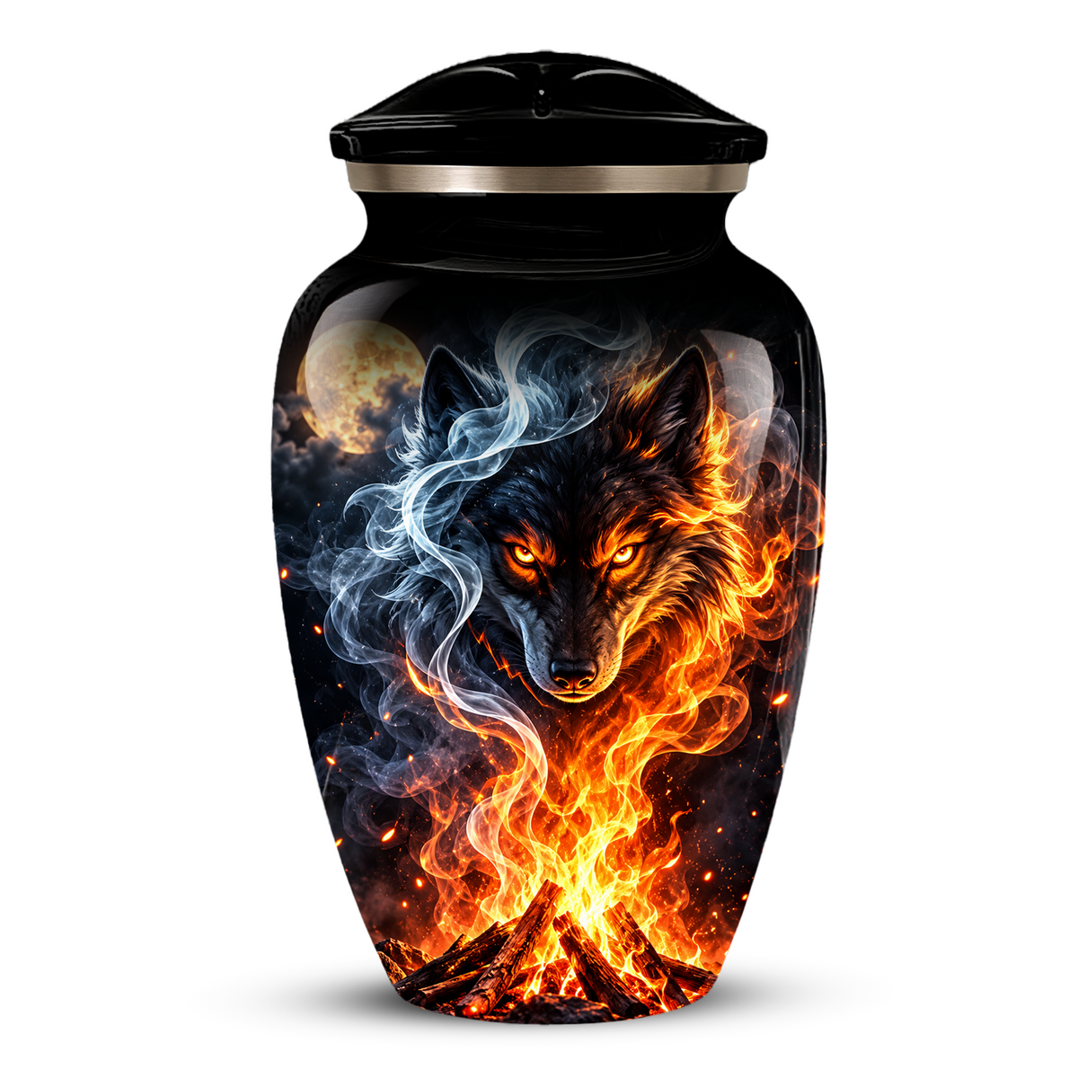 Personalized Adult Cremation Urn for Ashes, Fiery Wolf Memorial Urn, Black Wolf Cremation Urn