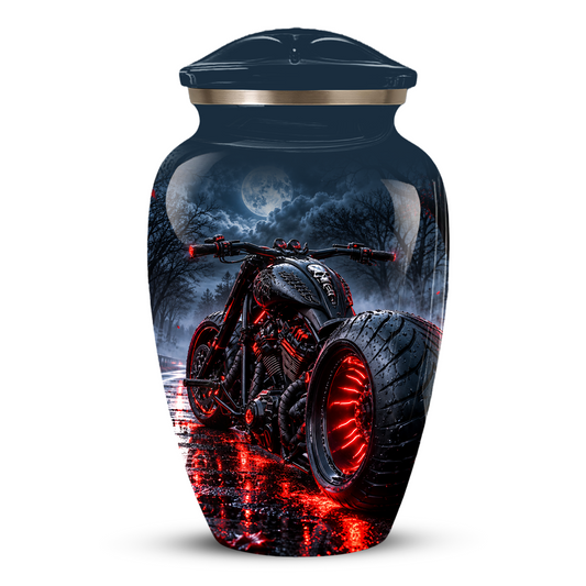 Personalized Adult Cremation Urn for Ashes, Custom Motorcycle Memorial Urn, Black Chopper with Red LED Lights