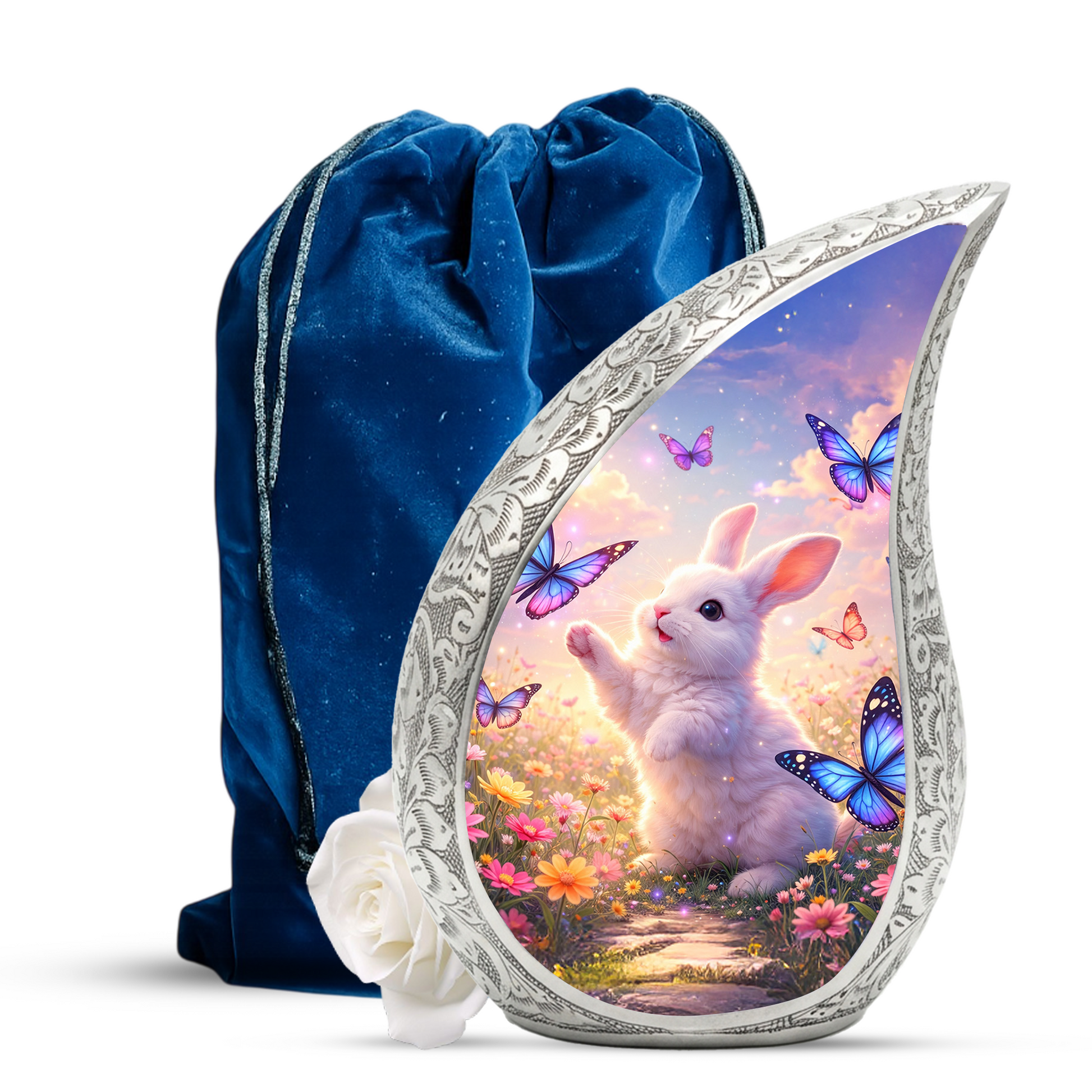 Personalized Cat Cremation Urn – Butterfly Garden Teardrop Memorial Urn, 10 Inch Aluminum
