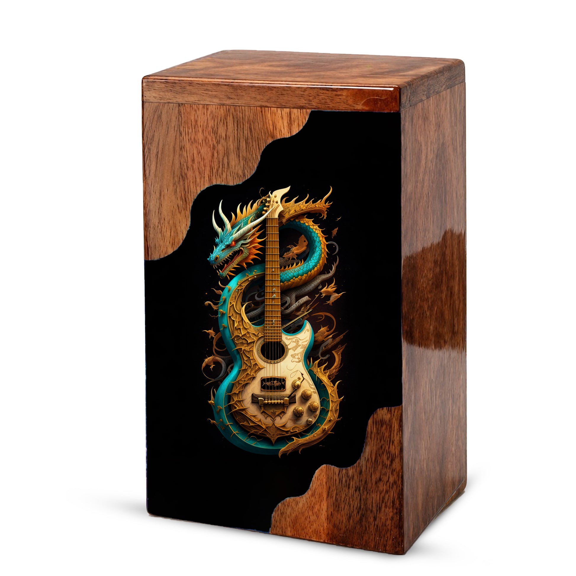 Dragon Guitar Wooden Cremation Urn – Music Memorial Urn with Mythical Dragon