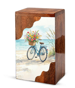 Wooden Cremation Urn – Coastal Bicycle Memorial Urn | Beach Memory Wooden Urn for Ashes