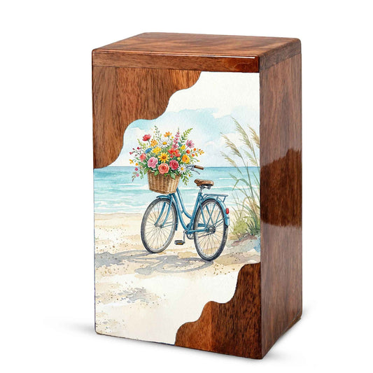 Wooden Cremation Urn – Coastal Bicycle Memorial Urn | Beach Memory Wooden Urn for Ashes