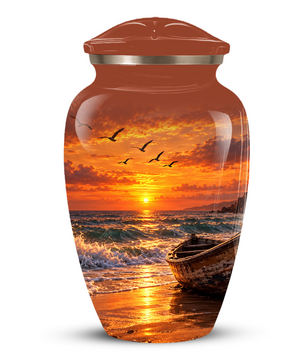 Beach Cremation Urn for Ashes | Ocean Sunset Memorial Urn | Personalized Beach & Ocean Theme Urn