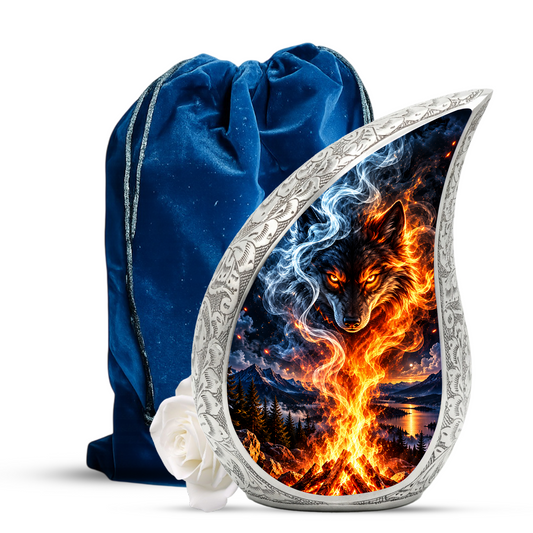 Wolf Cremation Urn for Ashes, Fire and Ice Wolf Adult Memorial Urn