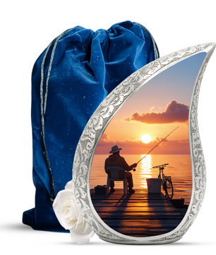 Fishing Personalized Cremation Urn for Dad – Teardrop Style Aluminum Memorial Urn, 10 Inch