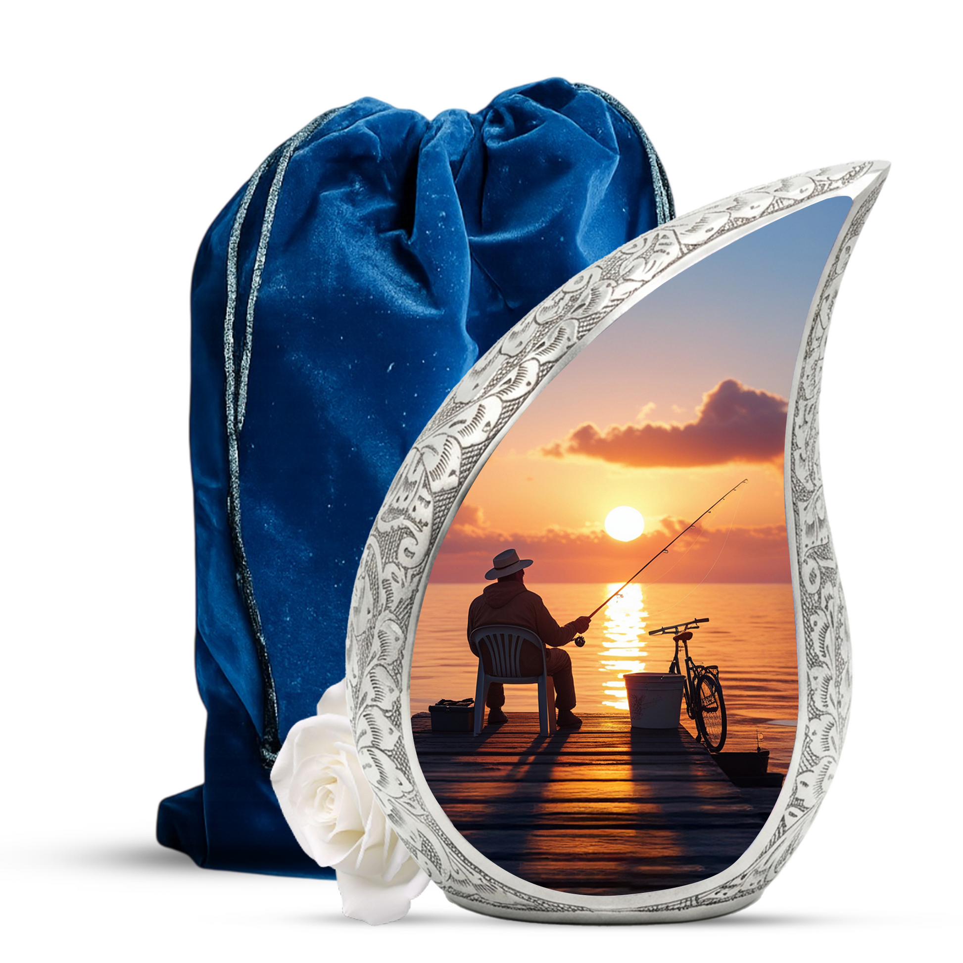 Fishing Personalized Cremation Urn for Dad – Teardrop Style Aluminum Memorial Urn, 10 Inch