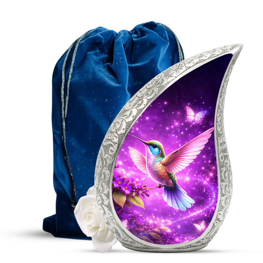 Hummingbird Personalized Cremation Urn – Teardrop Style Aluminum Memorial Urn, 10 Inch