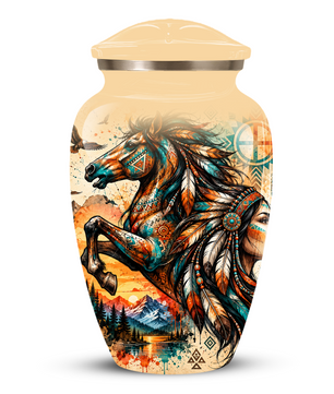 Personalized Adult Cremation Urn for Ashes, Native American Horse Memorial Urn, Tribal Horse Cremation Urn