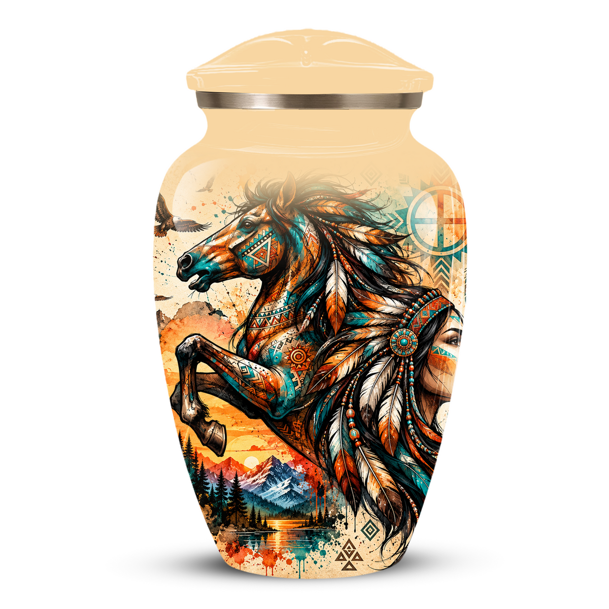Personalized Adult Cremation Urn for Ashes, Native American Horse Memorial Urn, Tribal Horse Cremation Urn