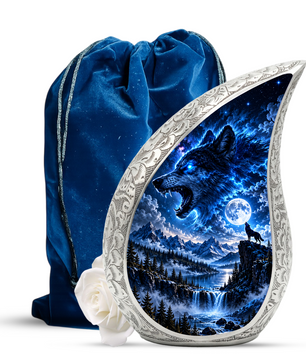 Wolf Adult Urn for Ashes, Blue Wolf Cremation Urn for Human Ashes