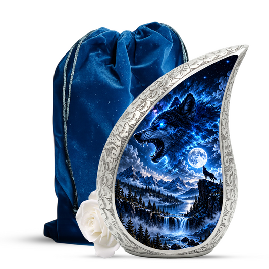 Wolf Adult Urn for Ashes, Blue Wolf Cremation Urn for Human Ashes