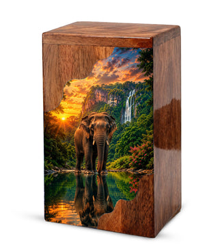Elephant Wooden Cremation Urn – Waterfall Memorial Urn for Human Ashes