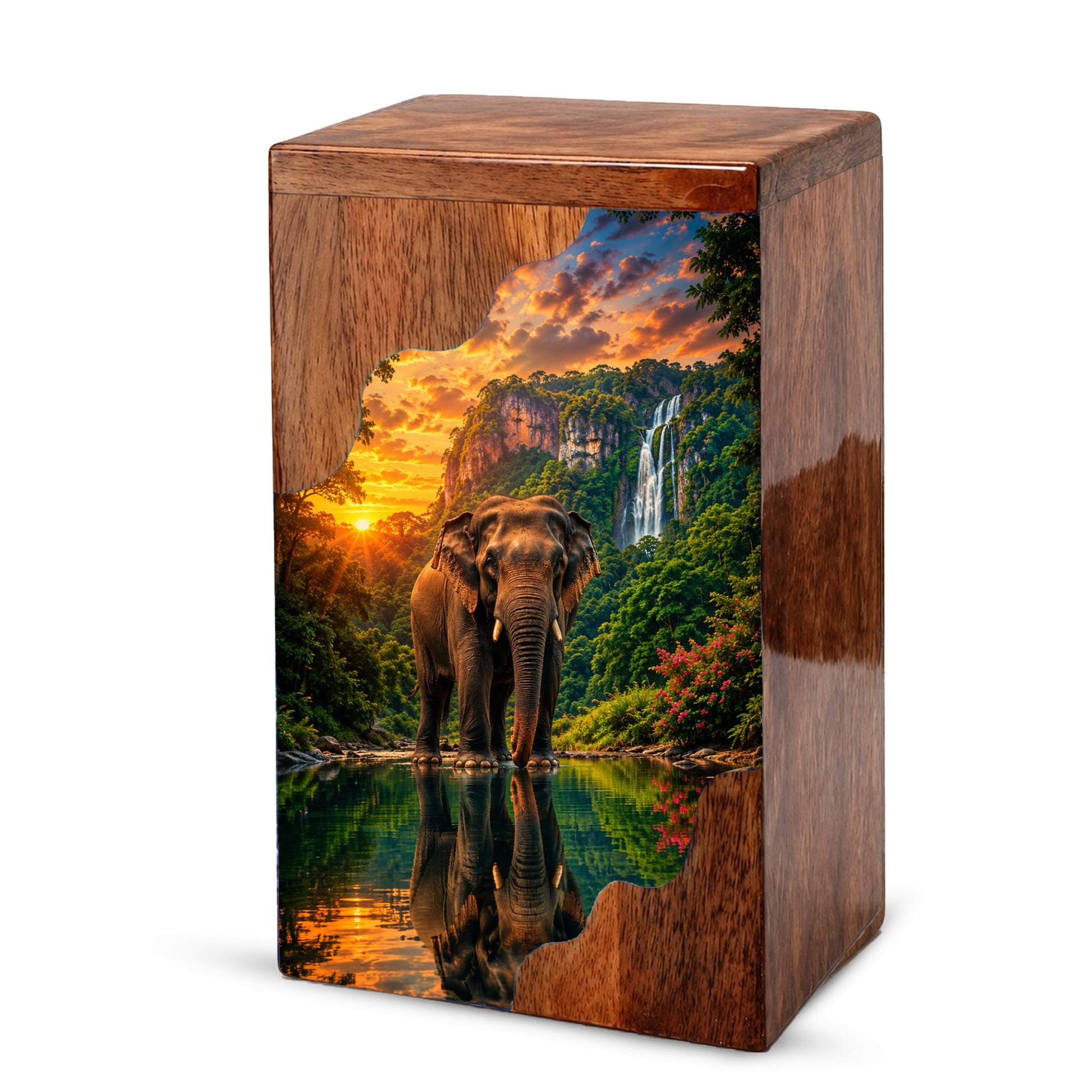 Elephant Wooden Cremation Urn – Waterfall Memorial Urn for Human Ashes