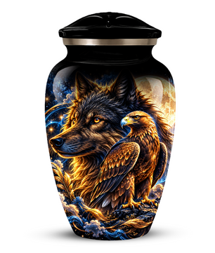 Wolf and Eagle Cremation Urn for Adult Ashes, Black Memorial Urn with Golden Eagle, Majestic Wolf and Celestial Artwork