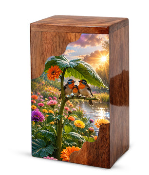 Family Birds Wooden Cremation Urn – Personalized Memorial Urn for Human Ashes