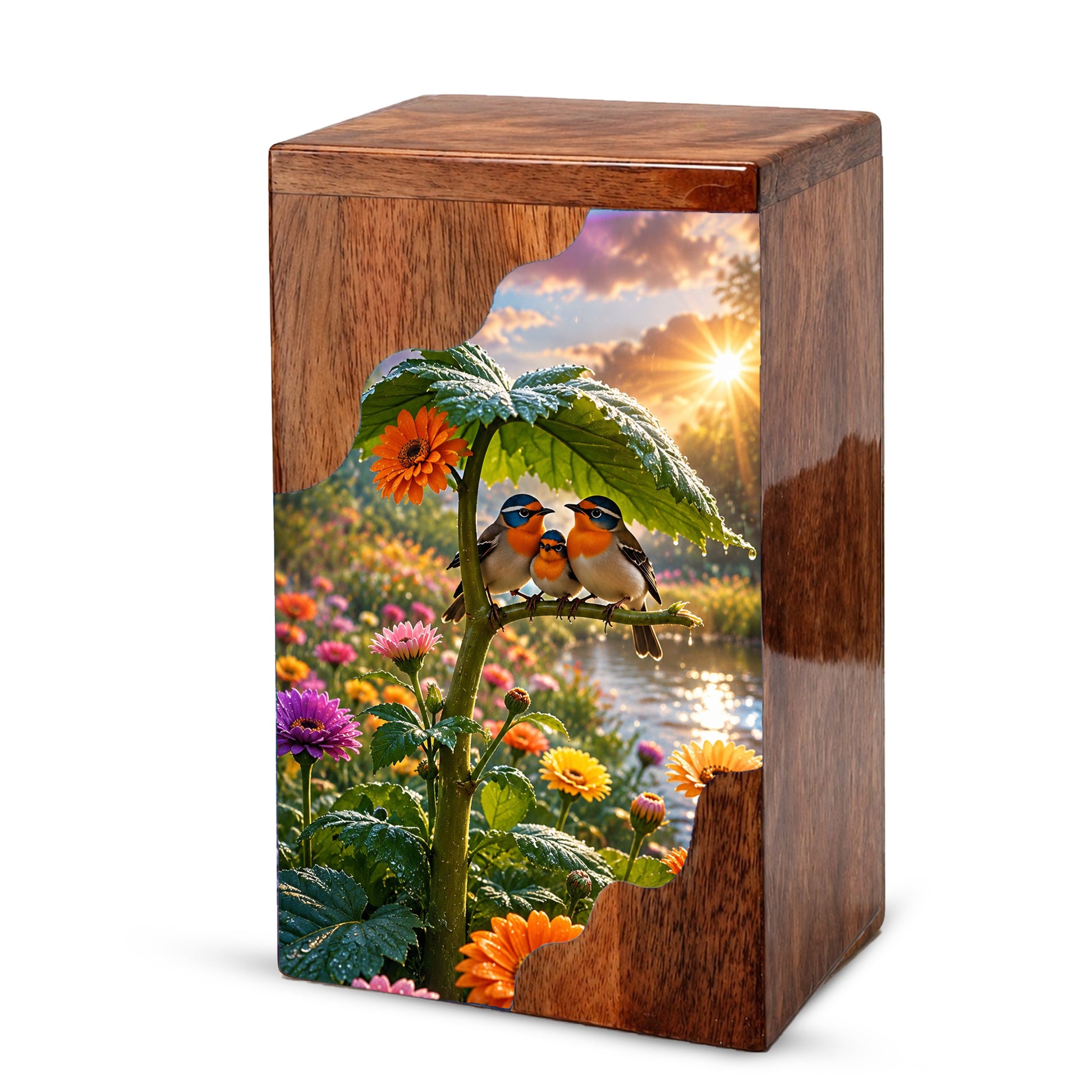 Family Birds Wooden Cremation Urn – Personalized Memorial Urn for Human Ashes