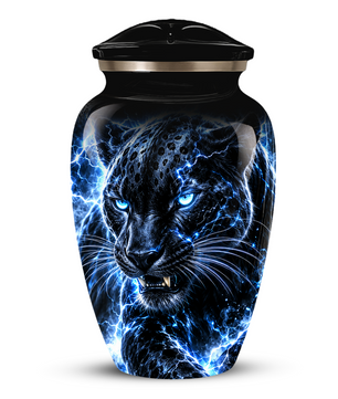 Personalized Adult Cremation Urn for Ashes, Custom Black Panther Memorial Urn, Blue Lightning Fantasy Animal Artwork