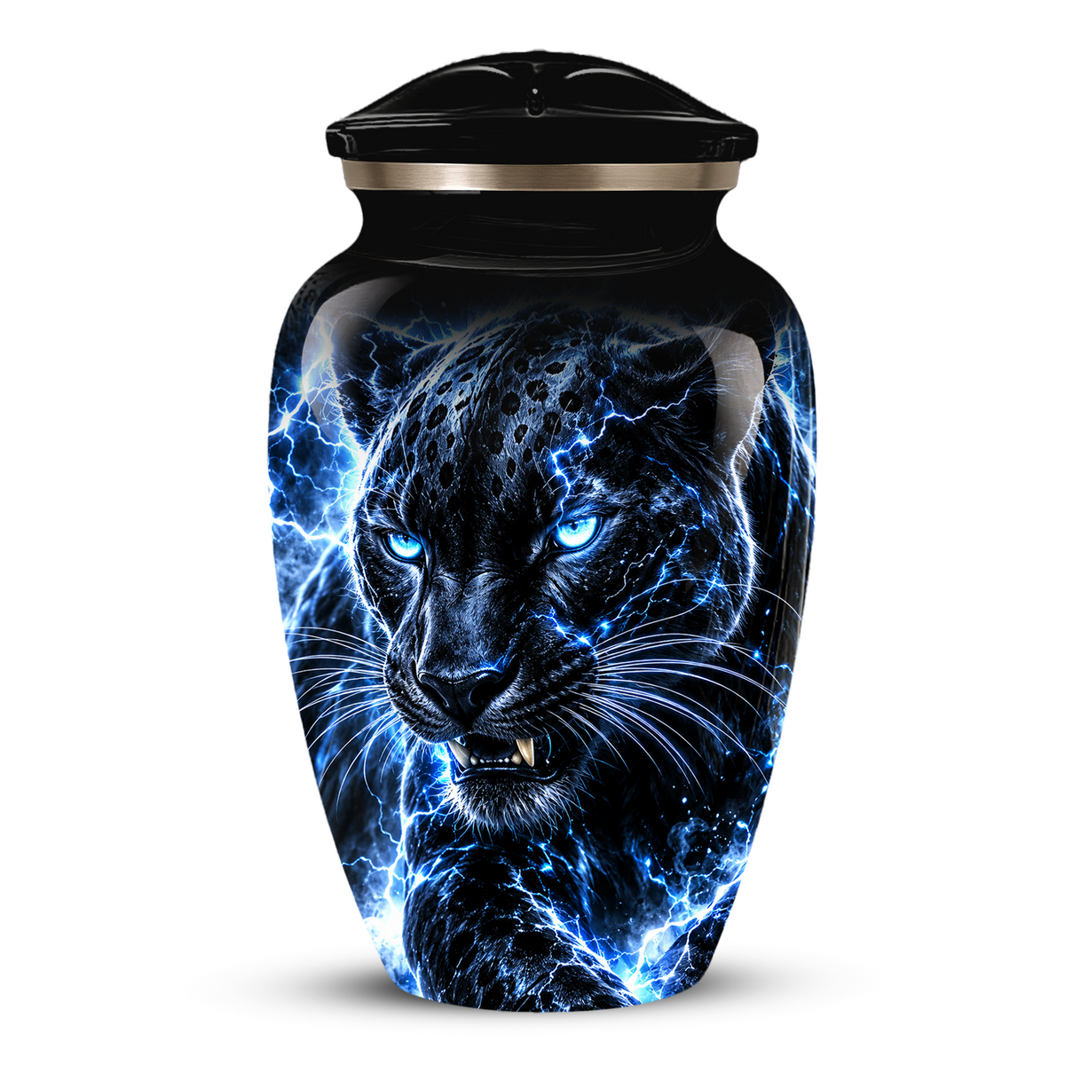 Personalized Adult Cremation Urn for Ashes, Custom Black Panther Memorial Urn, Blue Lightning Fantasy Animal Artwork