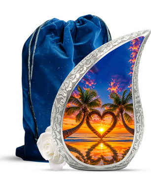 Palm Tree Heart Memorial Keepsake Urn for Mom – Personalized Cremation Urn for Human Ashes | Beach Sunset Memorial Urn