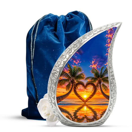 Palm Tree Heart Memorial Keepsake Urn for Mom – Personalized Cremation Urn for Human Ashes | Beach Sunset Memorial Urn