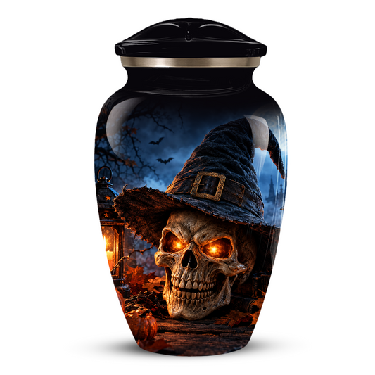 Halloween Skull Adult Urn for Ashes – Gothic Witch Hat Cremation Urn for Adults