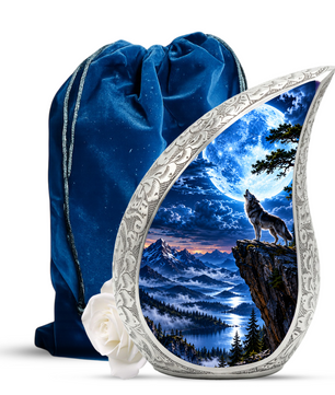 Wolf Moon Cremation Urn for Adult Ashes, Mountain Wildlife Memorial Urn, Howling Wolf Full Moon Design, Decorative Urn for Mom or Dad