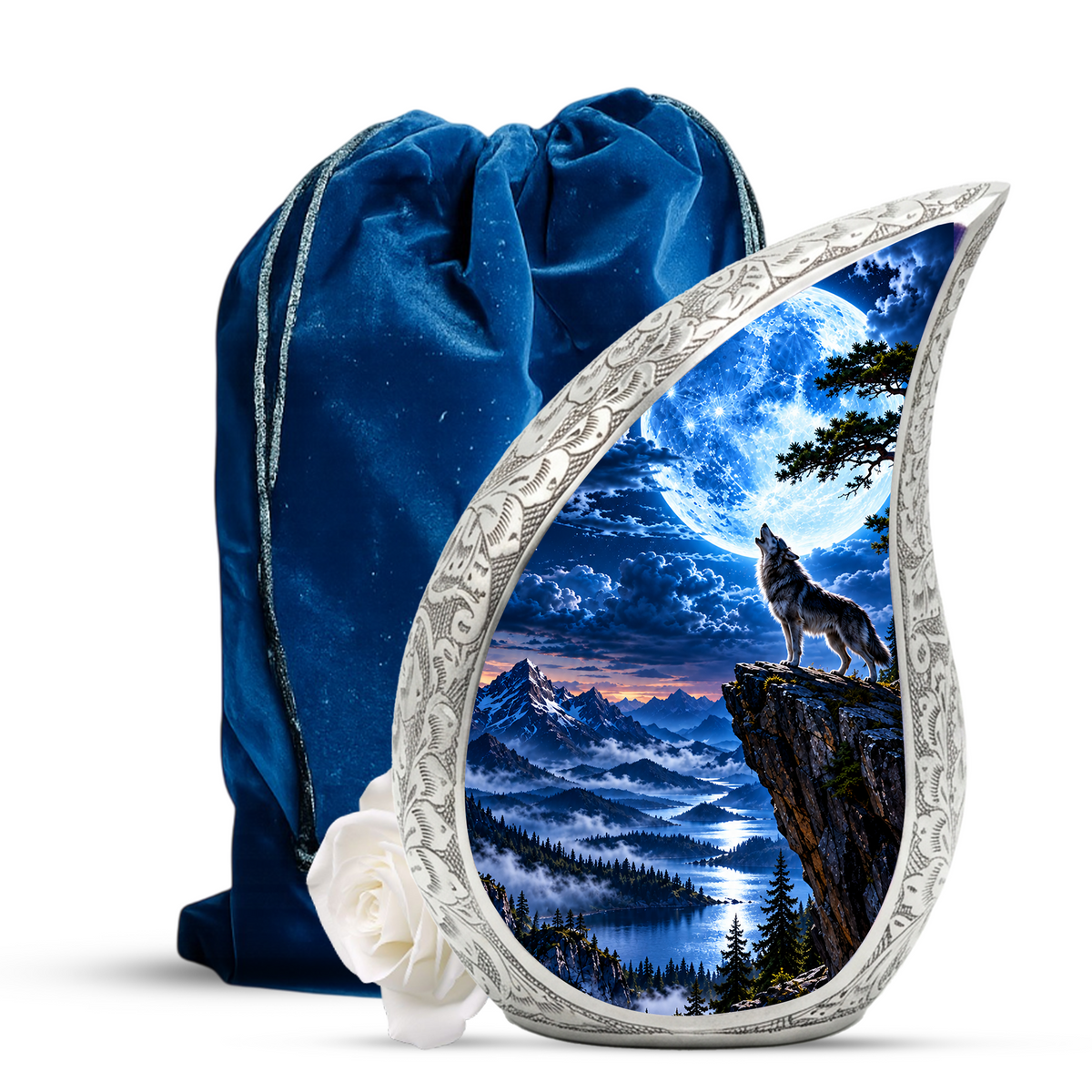 Wolf Moon Cremation Urn for Adult Ashes, Mountain Wildlife Memorial Urn, Howling Wolf Full Moon Design, Decorative Urn for Mom or Dad