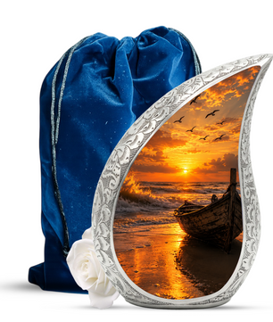 Beach Boat Cremation Urn for Human Ashes | Ocean Sunset Beach Themed Memorial Urn