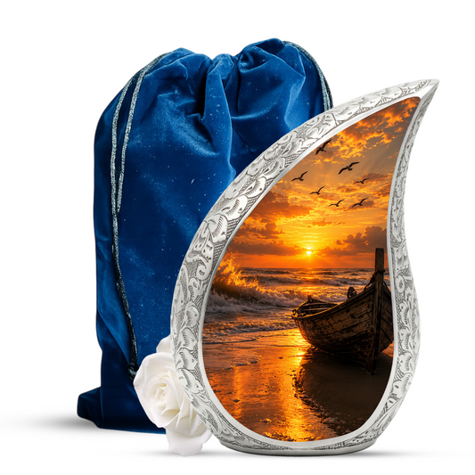 Beach Boat Cremation Urn for Human Ashes | Ocean Sunset Beach Themed Memorial Urn