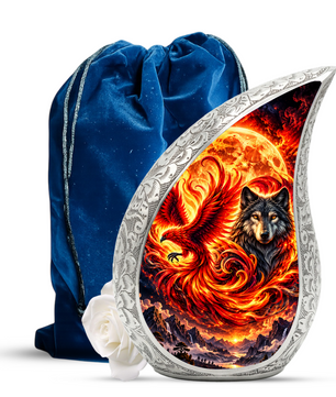 Wolf and Phoenix Urn for Human Ashes, Adult Cremation Urn with Fiery Phoenix and Black Wolf