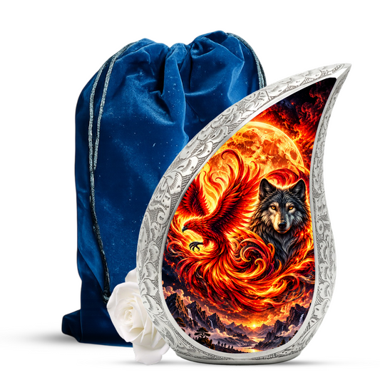 Wolf and Phoenix Urn for Human Ashes, Adult Cremation Urn with Fiery Phoenix and Black Wolf