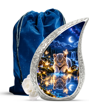 Tiger Cub Urn for Ashes, keepsake White Tiger Cremation Urn