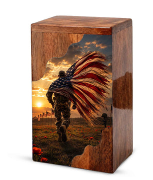 Military Wooden Cremation Urn for Dad | Personalized Veteran Urn for Human Ashes | American Flag Memorial Urn