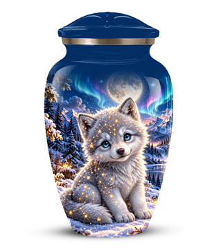 Celestial White Wolf Cremation Urn for Adult Ashes – Magical Winter Memorial Urn