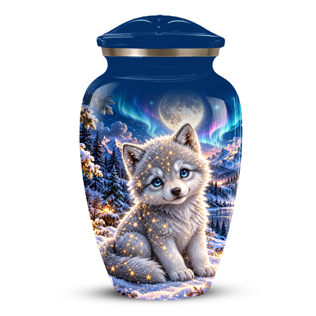 Celestial White Wolf Cremation Urn for Adult Ashes – Magical Winter Memorial Urn