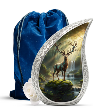 Personalized Deer Forest Memorial Urn – Teardrop Memorial Urn for Ashes | 10 Inch Aluminum Adult Urn