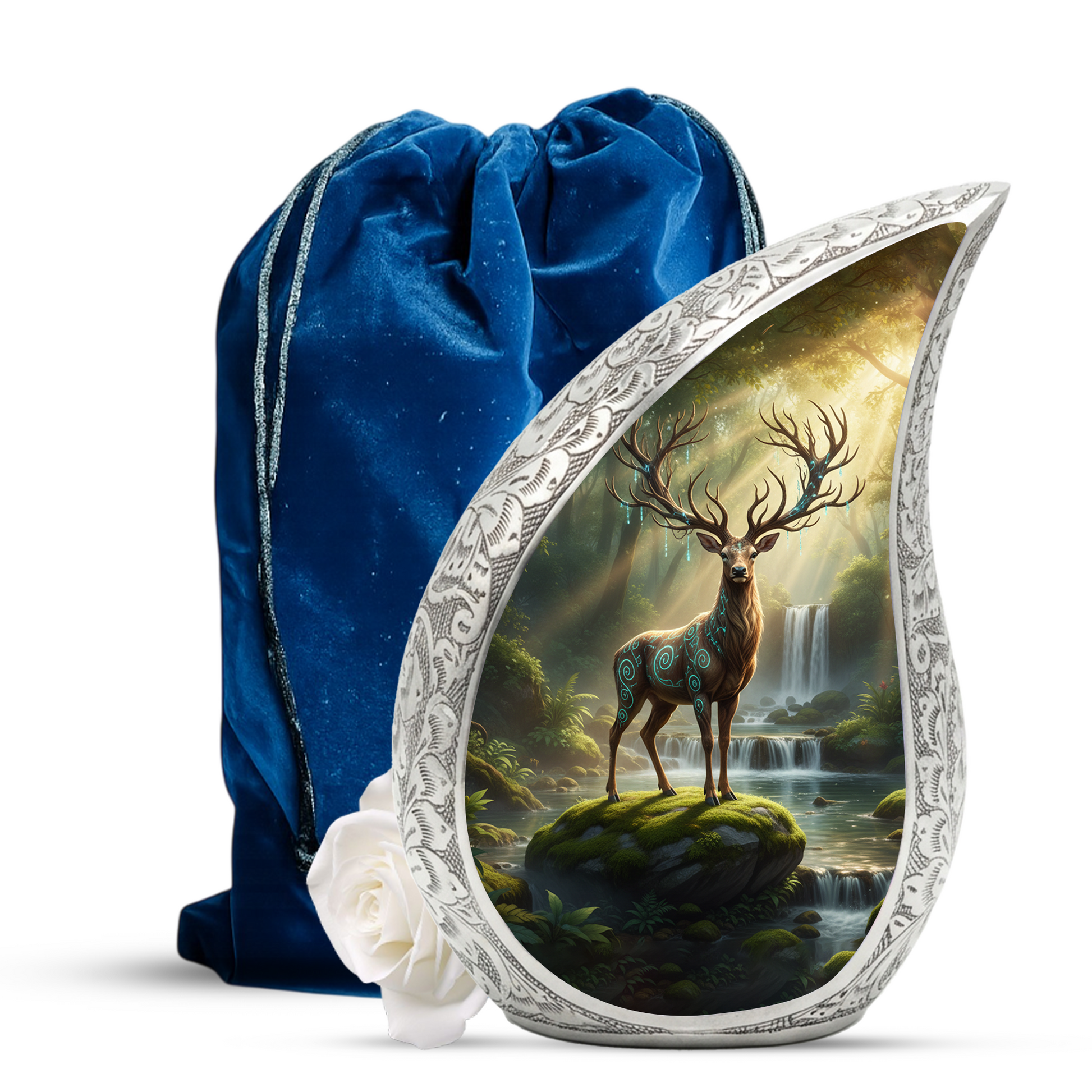 Personalized Deer Forest Memorial Urn – Teardrop Memorial Urn for Ashes | 10 Inch Aluminum Adult Urn