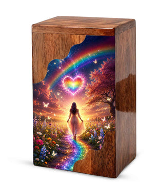 Rainbow Heart Wooden Cremation Urn – Celestial Rainbow Memorial Wooden Urn for Human Ashes