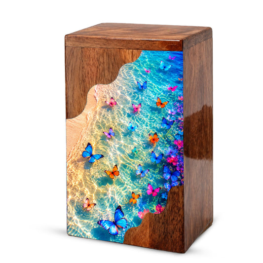 Butterfly Beach Wooden Cremation Urn – Ocean Memorial Urn for Mom