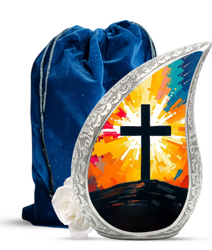Cross Personalized Cremation Urn – Christian Memorial Teardrop Urn for Ashes | 10 Inch Aluminum Adult Urn