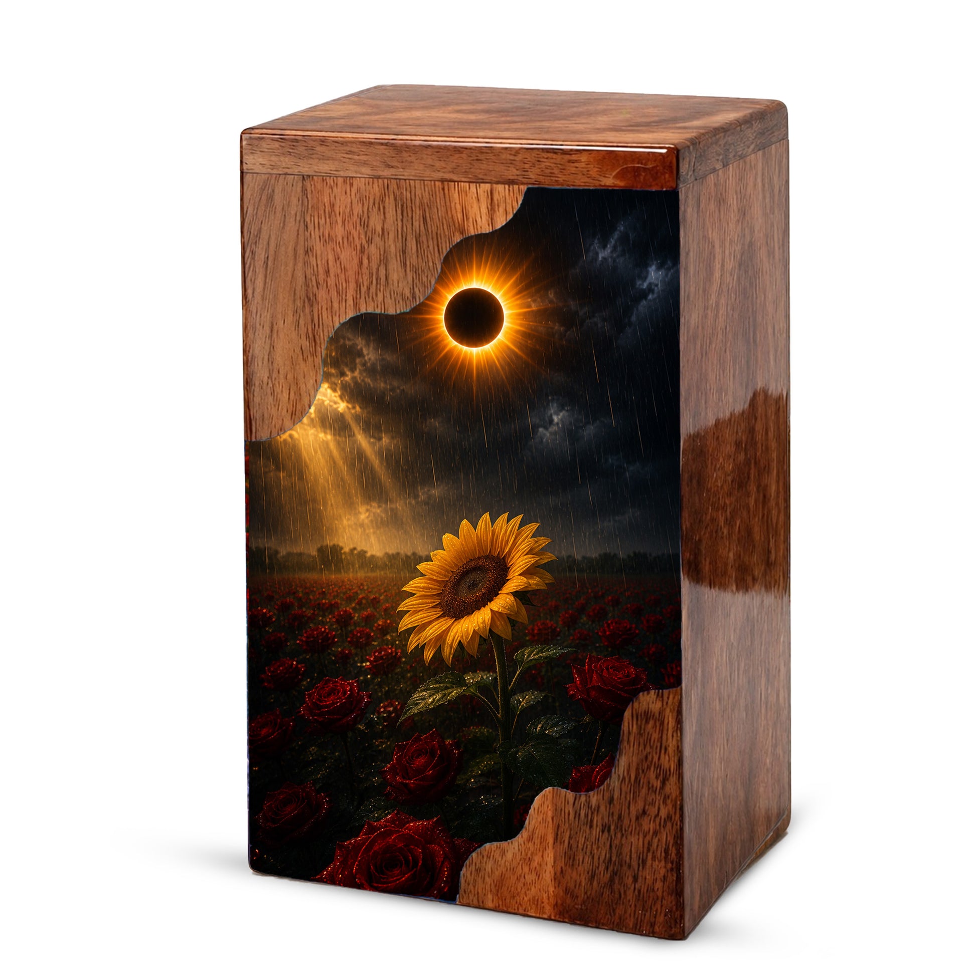 Sunflower Wooden Cremation Urn for Mom | Eclipse Memorial Urn for Human Ashes