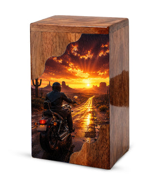 Motorcycle Wooden Cremation Urn – Sunset Ride Memorial Urn for Human Ashes
