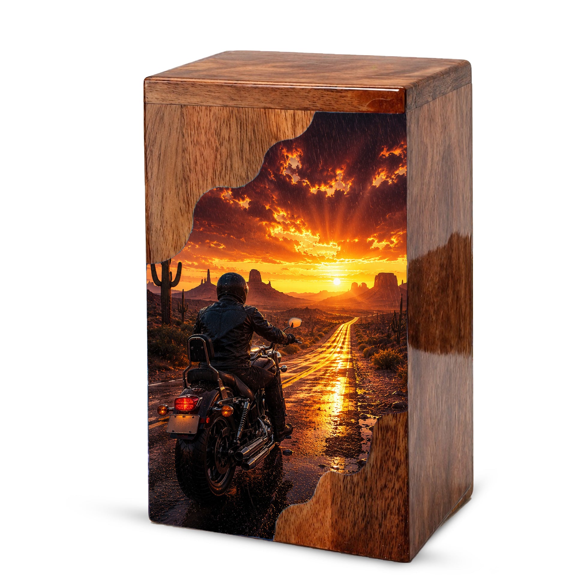 Motorcycle Wooden Cremation Urn – Sunset Ride Memorial Urn for Human Ashes
