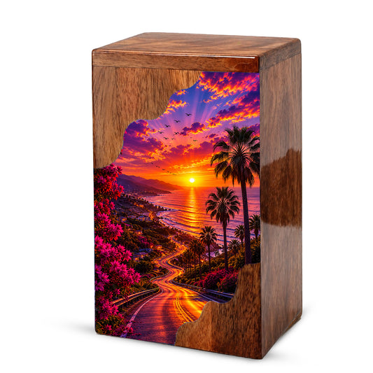 Beach Wooden Cremation Urn for Human Ashes | Coastal Sunset Memorial Urn