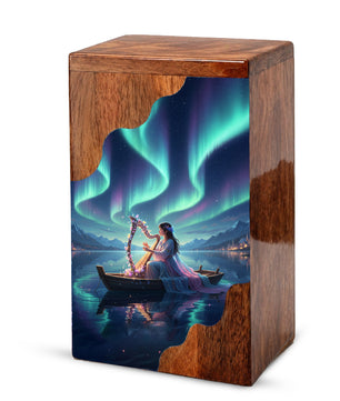 Aurora Harp Wooden Cremation Urn – Celestial Lake Memorial Wooden Urn for Human Ashes