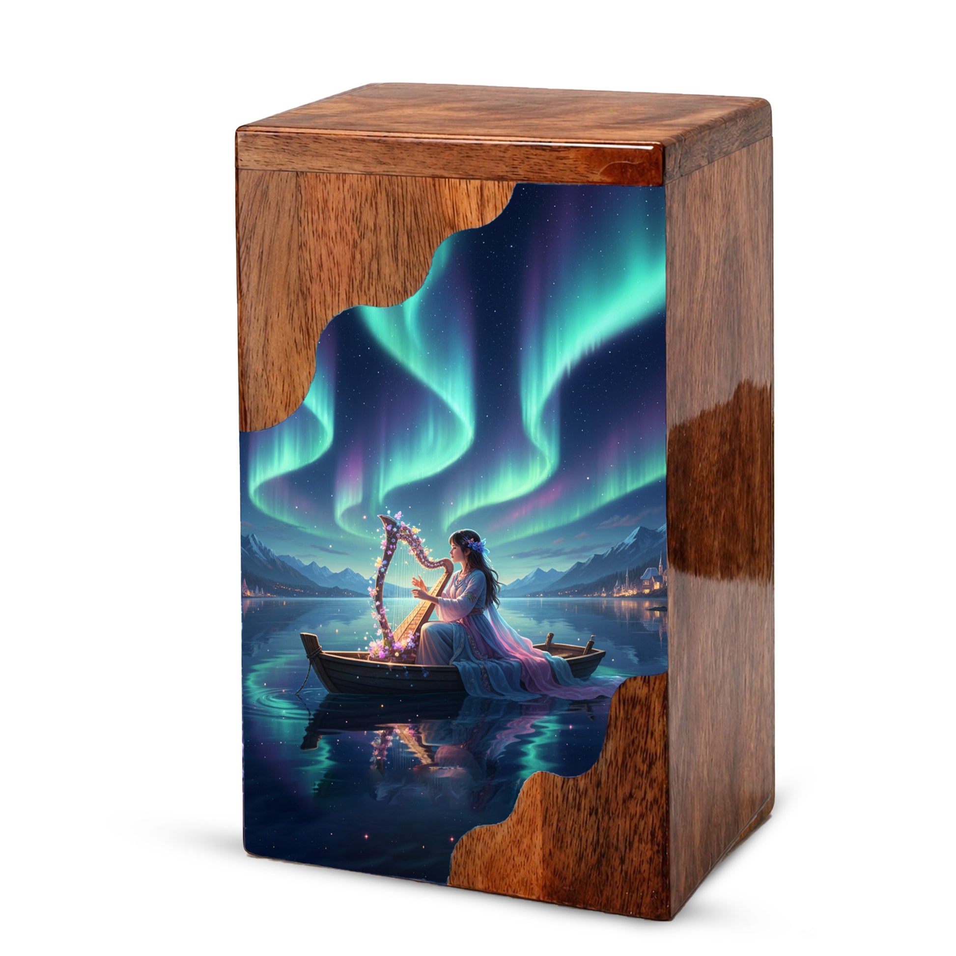 Aurora Harp Wooden Cremation Urn – Celestial Lake Memorial Wooden Urn for Human Ashes