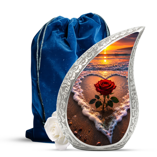 Beach Rose Cremation Urn for Human Ashes | Ocean Sunset Beach Themed Memorial Urn