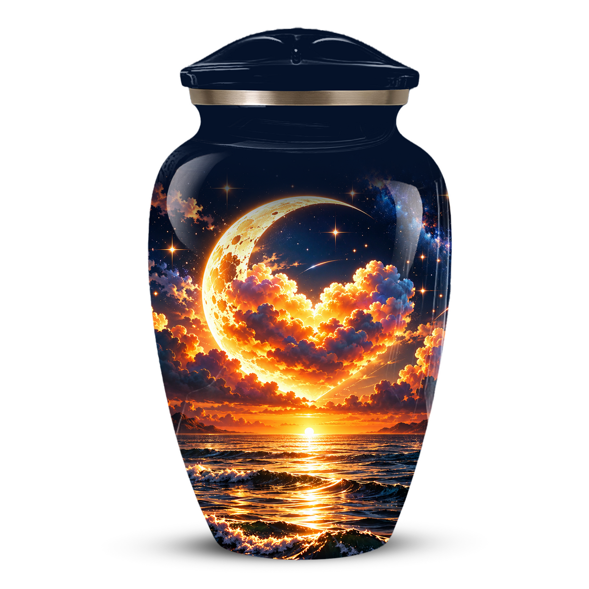 Personalized Adult Cremation Urn for Ashes, Golden Crescent Moon Ocean Memorial Urn, Custom Urn