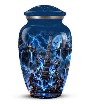 Gothic Electric Guitar Cremation Urn for Ashes, Blue Fantasy Musician Urn, Custom Guitar Urn